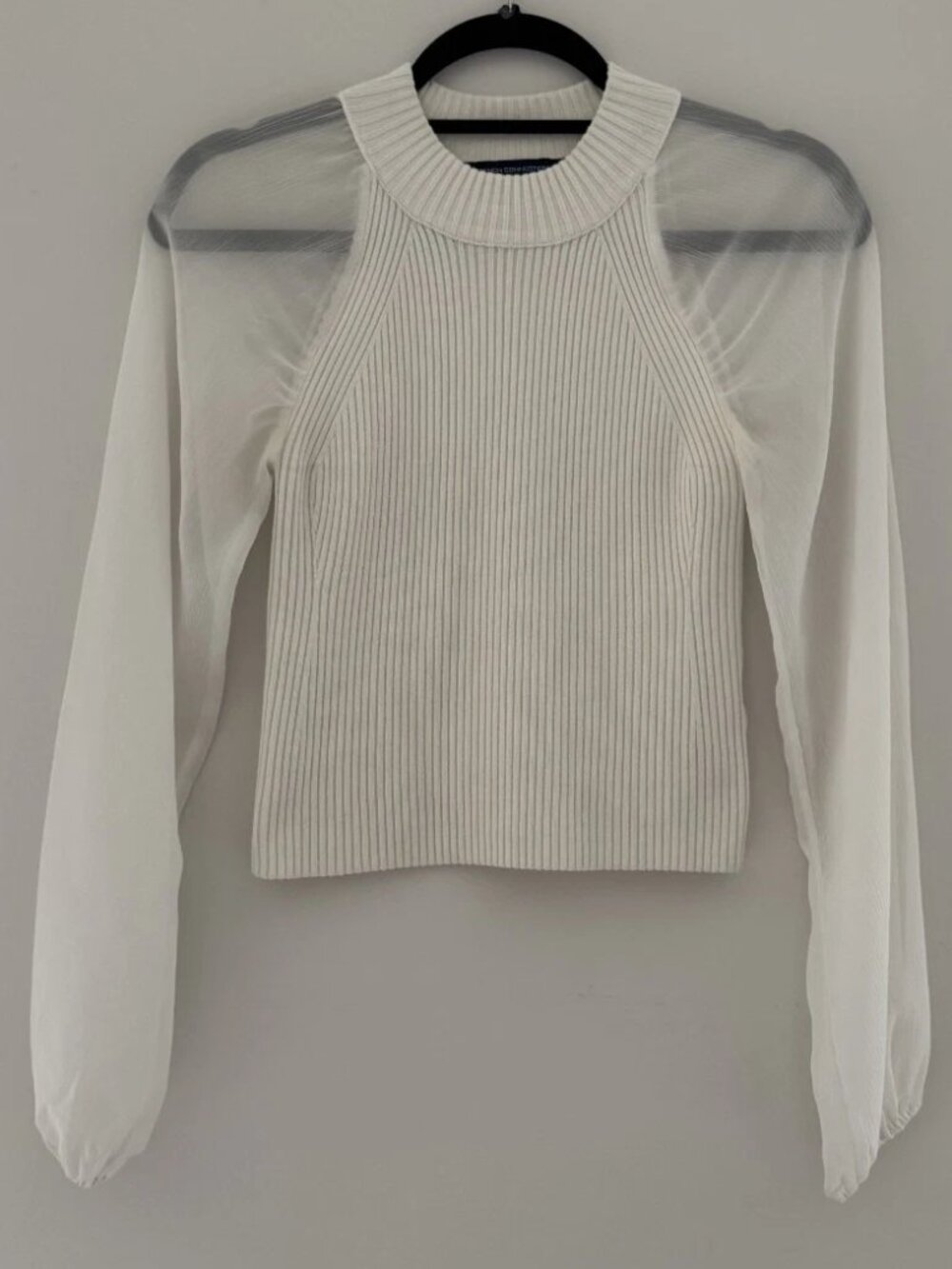 French Connection White Ribbed Mock Neck Sheer Sleeve Top Sz M